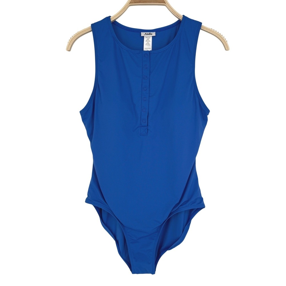 Andie Swim The Malibu One Piece Swimsuit Size Large Blue Henley Snap Ribbed NEW